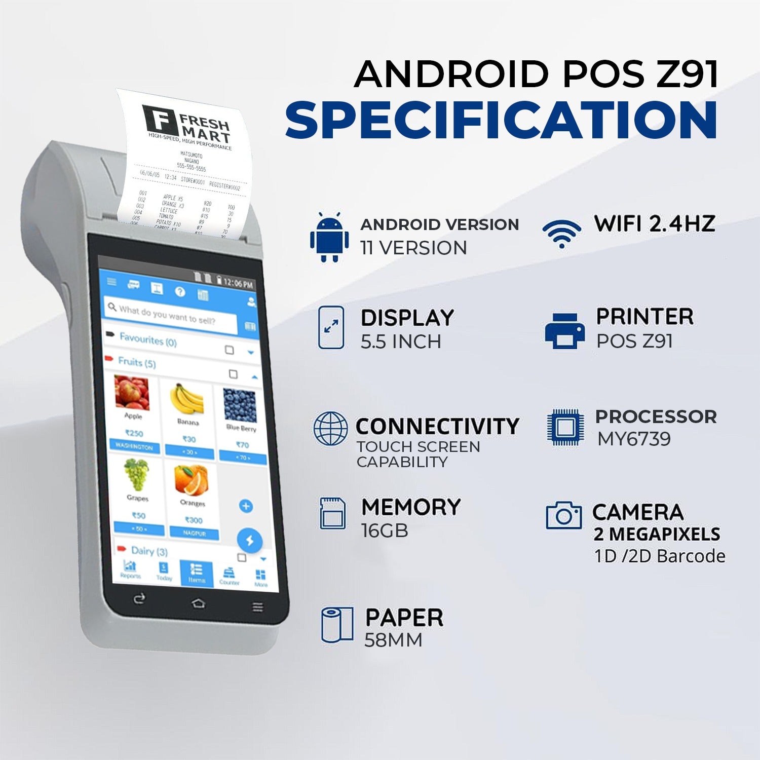 Handheld Touch Screen Mobile POS with Free Billing Software & Inbuilt 58mm Thermal Printer with Battery Backup